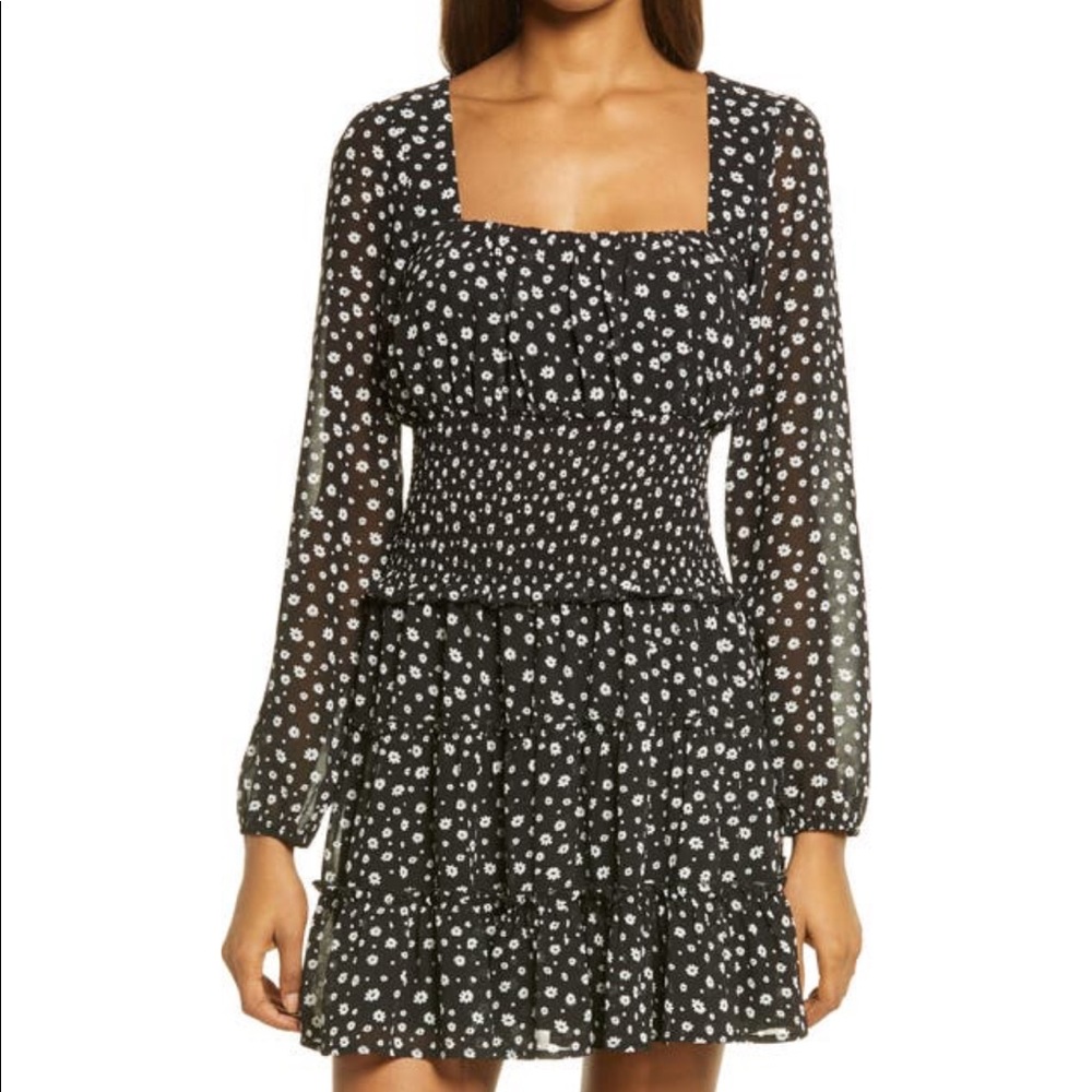 Row A Floral Long Sleeve Smocked Waist Chiffon Mini Dress